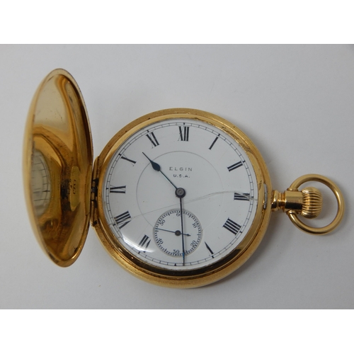 425 - WWI INTEREST: 18ct Gold Elgin Full Hunter Top Wind Pocket Watch with Subsidiary Seconds Dial: Workin...