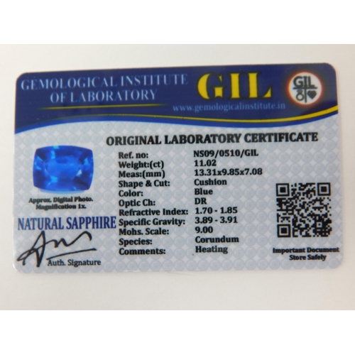 433 - A 11.02ct Cushion Cut Sapphire with G.I.L Certificate of Authenticity.