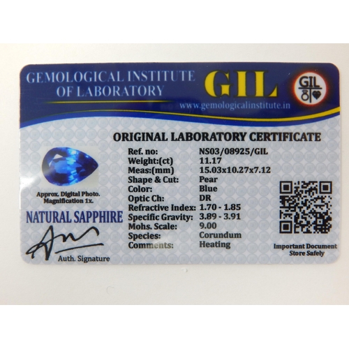 436 - A 11.17ct Pear Cut Sapphire with G.I.L Certificate of Authenticity.