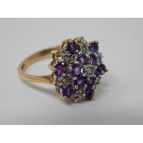 439 - 9ct Yellow Gold Amethyst & Diamond Four Tier Cluster Ring: Size K/L