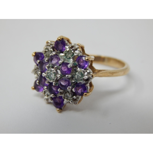 439 - 9ct Yellow Gold Amethyst & Diamond Four Tier Cluster Ring: Size K/L