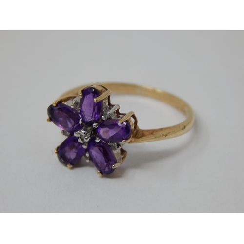 440 - 9ct Yellow Gold Amethyst & Diamond Flower Head Ring: Size K/L