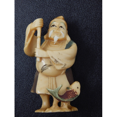 652 - Signed Late C19th/Early C20th Japanese polychrome inked Ivory Netsuke in the form of an Elder with F... 