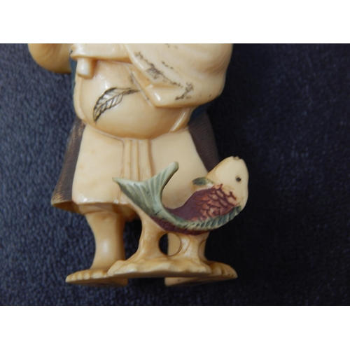 652 - Signed Late C19th/Early C20th Japanese polychrome inked Ivory Netsuke in the form of an Elder with F... 