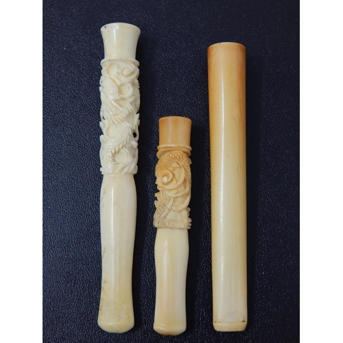 661 - Three Late C19th/Early C20th Carved & Plain Ivory Cheroot/Cigarette Holders