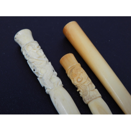 661 - Three Late C19th/Early C20th Carved & Plain Ivory Cheroot/Cigarette Holders