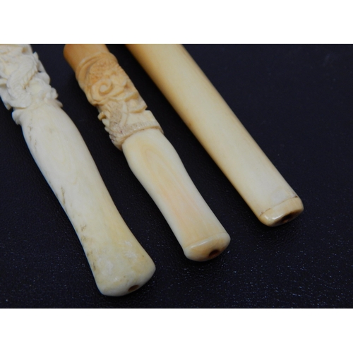 661 - Three Late C19th/Early C20th Carved & Plain Ivory Cheroot/Cigarette Holders