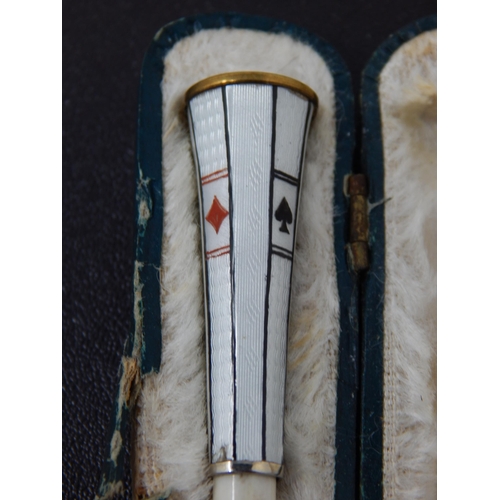 672 - Art Deco Guilloche Enamel Octagonal Cigarette Holder decorated with the 4 playing card suits: 11cm l... 