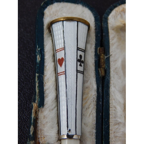 672 - Art Deco Guilloche Enamel Octagonal Cigarette Holder decorated with the 4 playing card suits: 11cm l... 