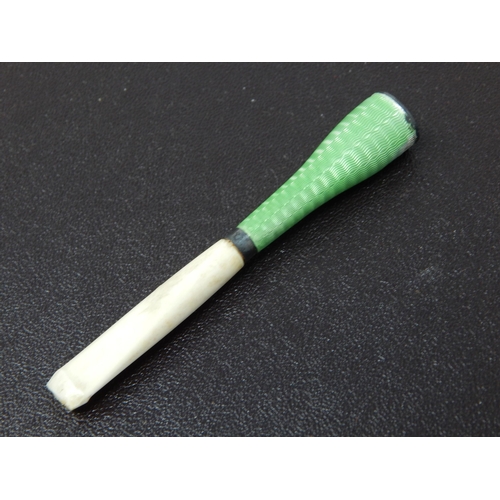 673 - An Art Deco White Metal & Green Guilloche Enamel Cigarette Holder: Measuring 7cm