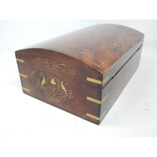 675 - Dome Topped Wooden Jewellery Box with Brass Banded Edges & Intricate Brass inlay & Lift our Interior... 