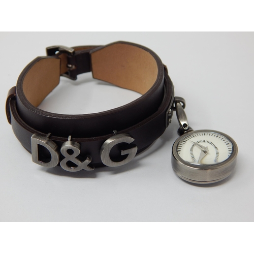 362 - Dolce & Gabbana Designer Leather Bracelet with attached D&G Fob Watch.