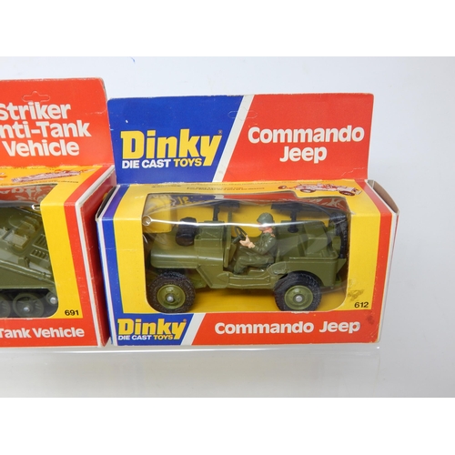 465 - DINKY TOYS: 691 Striker Anti-Tank Vehicle, 612 Command Jeep, 604 Land Rover Bomb Disposal Unit, 667 ... 