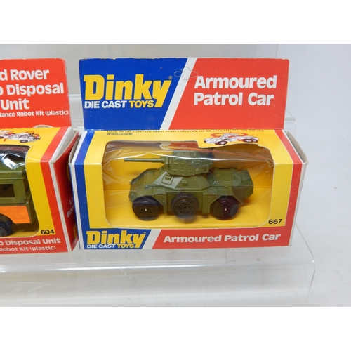 465 - DINKY TOYS: 691 Striker Anti-Tank Vehicle, 612 Command Jeep, 604 Land Rover Bomb Disposal Unit, 667 ... 