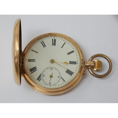 304 - 14ct Gold Top Wind Half Hunter Pocket Watch with White Enamel Dial, Gold Spade Hands & Subsidiary Se... 