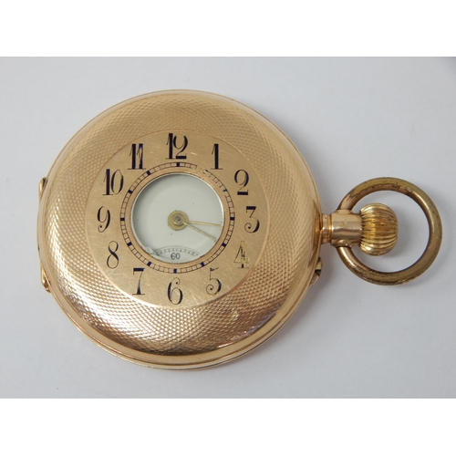 304 - 14ct Gold Top Wind Half Hunter Pocket Watch with White Enamel Dial, Gold Spade Hands & Subsidiary Se... 