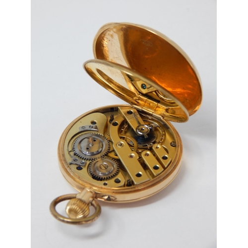 304 - 14ct Gold Top Wind Half Hunter Pocket Watch with White Enamel Dial, Gold Spade Hands & Subsidiary Se... 