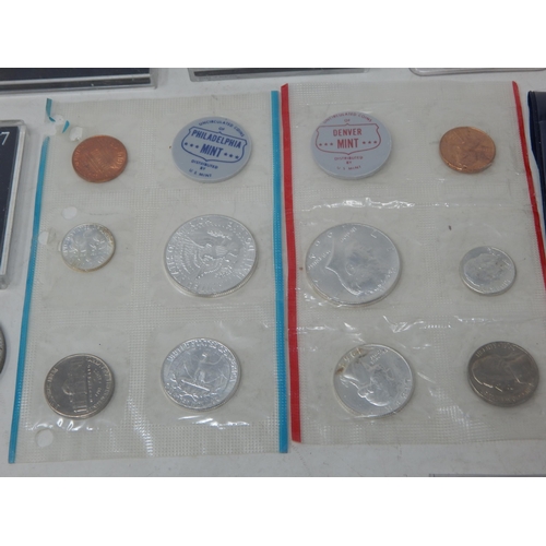 247 - 2 x USA Sets 1964, Denver & Philadelphia mints, 8 x £5 Crowns, Silver Proof Dollar with COA together... 