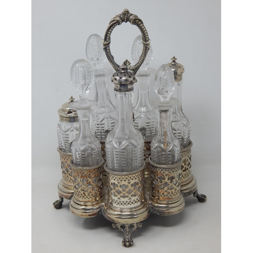 311 - Victorian Silver Plated Cruet Stand Containing 8 Bottles, 3 with Silver Tops Hallmarked Sheffield by... 