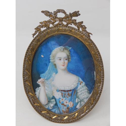 312 - George III Portrait of a Young Lady within its original brass easel frame with ribbon finial: Height... 