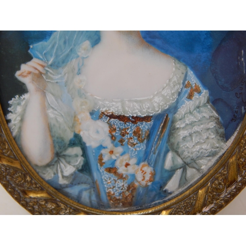 312 - George III Portrait of a Young Lady within its original brass easel frame with ribbon finial: Height... 