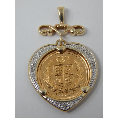 319 - 2002 Shield Back Half Sovereign Set in Heart Shaped Gold & Diamond Set Pendant with Suspension Loop:... 