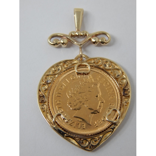 319 - 2002 Shield Back Half Sovereign Set in Heart Shaped Gold & Diamond Set Pendant with Suspension Loop:... 