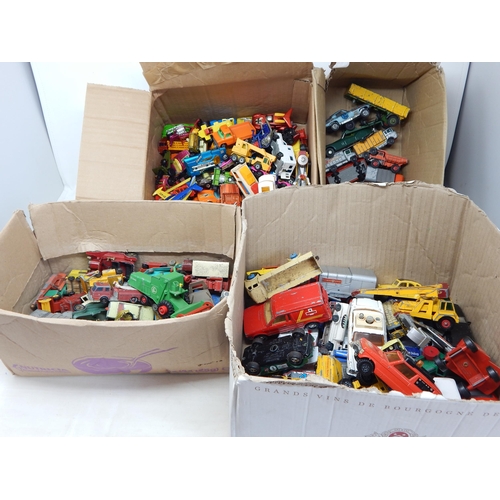 485 - 4 x Boxes Containing a large quantity of playworn vehicles by Dinky, Corgi & Matchbox  (lot)