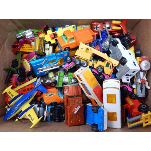 485 - 4 x Boxes Containing a large quantity of playworn vehicles by Dinky, Corgi & Matchbox  (lot)