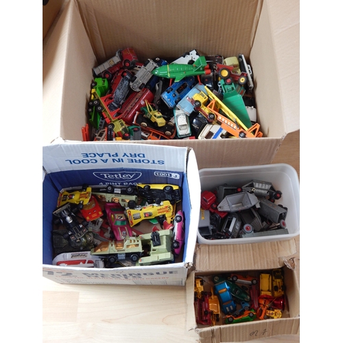 487 - 4 x Boxes Containing a large quantity of playworn vehicles by Dinky, Corgi & Matchbox (lot)