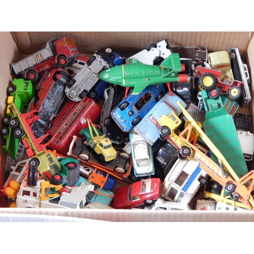 487 - 4 x Boxes Containing a large quantity of playworn vehicles by Dinky, Corgi & Matchbox (lot)