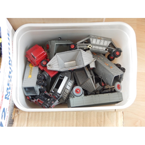 487 - 4 x Boxes Containing a large quantity of playworn vehicles by Dinky, Corgi & Matchbox (lot)