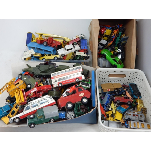 488 - 4 x Boxes Containing a large quantity of playworn vehicles by Dinky, Corgi & Matchbox  (lot)