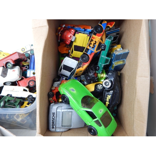 488 - 4 x Boxes Containing a large quantity of playworn vehicles by Dinky, Corgi & Matchbox  (lot)