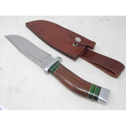 515 - Bowie Knife with Wooden Grip in Leather Scabbard Measuring 33.5cm