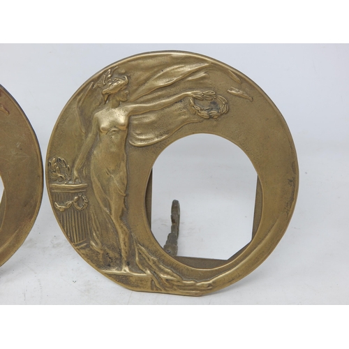 549 - A Pair of Cast Brass Art Nouveau Style Circular Easel Photograph Frames Depicting a Classical Semi C... 