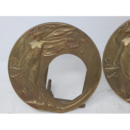 549 - A Pair of Cast Brass Art Nouveau Style Circular Easel Photograph Frames Depicting a Classical Semi C... 