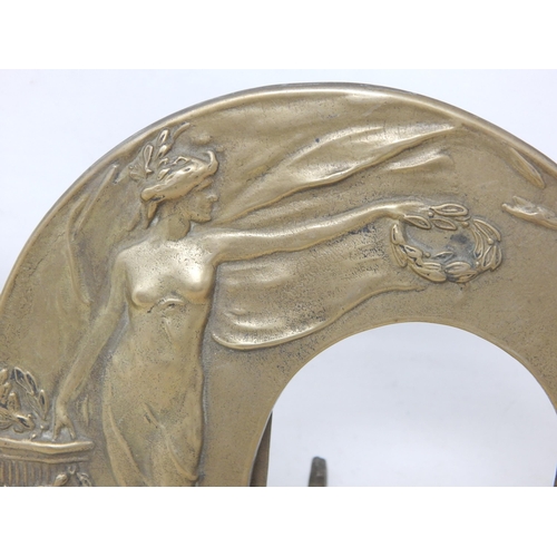 549 - A Pair of Cast Brass Art Nouveau Style Circular Easel Photograph Frames Depicting a Classical Semi C... 