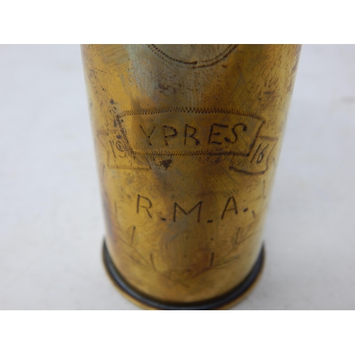 553 - WWI: Trench Art: Shell Casing Made Into a Lidded Container Engraved 