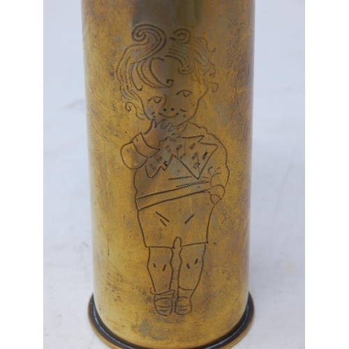 553 - WWI: Trench Art: Shell Casing Made Into a Lidded Container Engraved 