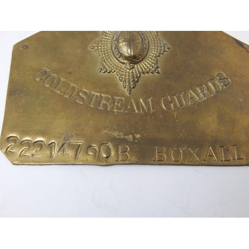 556 - Brass Coldstream Guards Plaque: 22214790B Boxhall: Measuring 11.5cm x 8.6cm