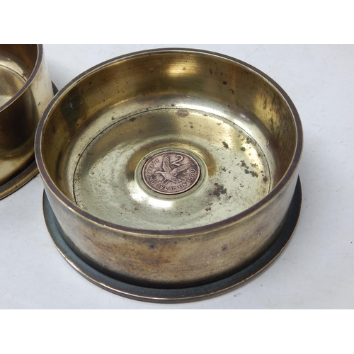 561 - Pair of Falklands War Cannon Shell Bases Made into Dishes with Inset Falkland Islands Coins: Diamete... 