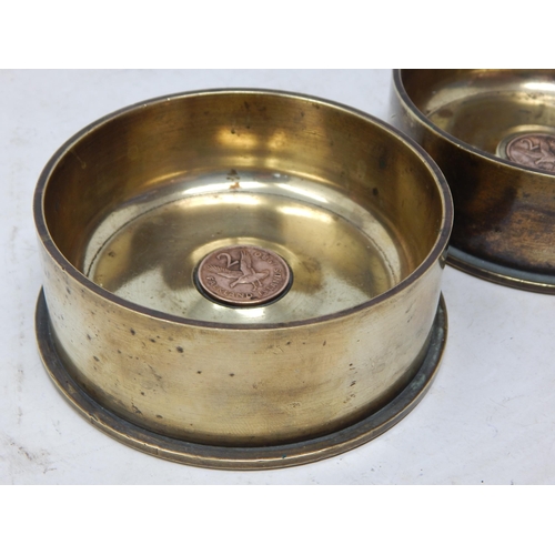 561 - Pair of Falklands War Cannon Shell Bases Made into Dishes with Inset Falkland Islands Coins: Diamete... 