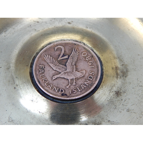 561 - Pair of Falklands War Cannon Shell Bases Made into Dishes with Inset Falkland Islands Coins: Diamete... 