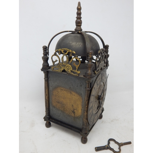 602 - Brass Lantern Clock by Empire, Complete with Key: Measuring 25cm high