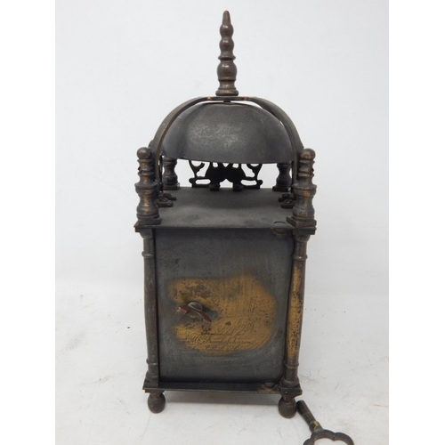 602 - Brass Lantern Clock by Empire, Complete with Key: Measuring 25cm high