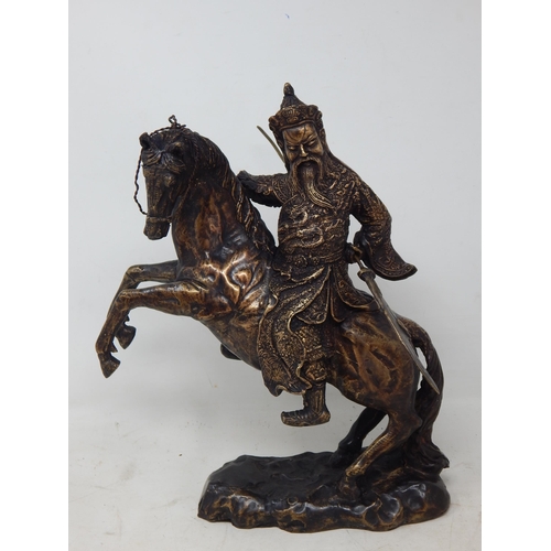 604 - Large Cast Bronze Figure of a Chinese Warrior on a Rearing Horse: Measuring 30cm high