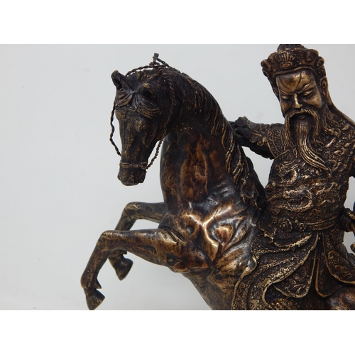 604 - Large Cast Bronze Figure of a Chinese Warrior on a Rearing Horse: Measuring 30cm high