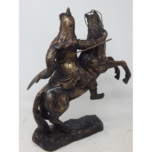 604 - Large Cast Bronze Figure of a Chinese Warrior on a Rearing Horse: Measuring 30cm high