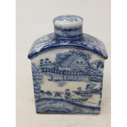 605 - Chinese Blue & White Flask & Cover Depicting Figures & Boats beside a river. Character Marks to Base... 